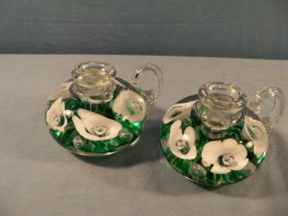 St.  Clair Art Glass White Trumpet Flower Paperweight Candle Holders