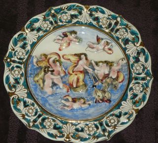 Antique Italian Capodimonte Nudes Cherubs Hand Painted Italy Large Wall Plate