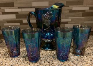 Vintage Carnival Indiana Glass Pitcher 4 Tumblers Grape Harvest Blue Iridescent