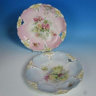 Unmarked Rs Prussia China - Flowers Pattern - Round Handled Trays - 10½ "