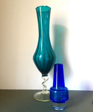 Mid Century Empoli Turquoise Glass Vase.  Large Twisted Green/blue Stem Vase 40cm