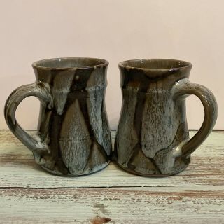 Set Of 2 Hand Thrown Stoneware Pottery Cups Mugs Green/brown/blue Glaze Marked