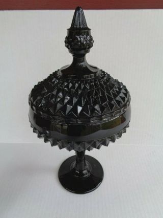 Vtg.  Indiana Glass Tiara Black Diamond Point Pedestal Candy Dish Lidded Compote