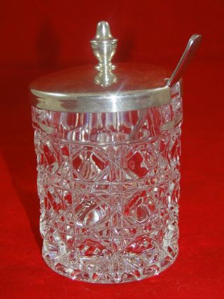 Vintage Lead Crystal & Silver Plated Lid Condiment Jar With Demi Spoon