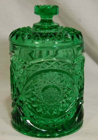Rare Vintage Imperial Green Carnival Glass Hobstar Jar With Lid
