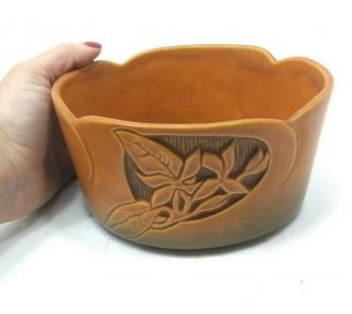 Vintage Roseville Pottery Low Rim Vase / Planter Pot In Earthy Orange & Green