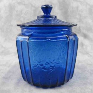 Cobalt Blue Glass Cookie Jar Biscuit Canister Open Rose Mayfair Floral Design