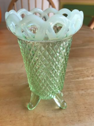 Vintage Imperial Vaseline Depression Glass Lace Edge Diamond Point Footed Vase