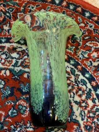 Murano Style Art Glass Green Blue Speckled Swirl 8 " Vase Tulip Fluted Euc