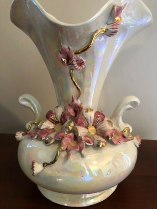 Vintage Rare Capodimonte Double Handle Pearl Glaze Vase Centerpiece Gold Trim