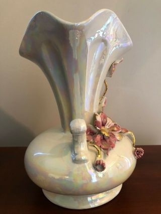 Vintage Rare Capodimonte Double Handle Pearl Glaze Vase Centerpiece Gold Trim 2