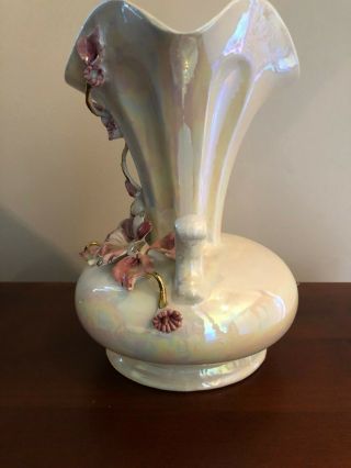 Vintage Rare Capodimonte Double Handle Pearl Glaze Vase Centerpiece Gold Trim 4