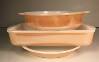 3 Vintage Fire King Peach Luster 2 Casserole Dishes Round Oval & 1 Pie Plate