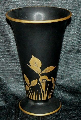 Vintage Tiffin Glass 8 " Art Deco Black Satin Vase Gold Trim/design Matte Finish