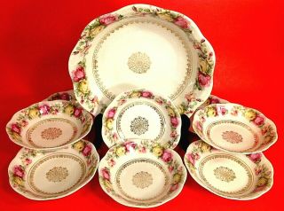 Scalloped Bowls Set Of 9.  Bavaria China Yellow Pink Roses With Gold Vintage