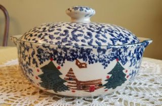 Folk Craft Cabin In The Snow 3 Qt.  Covered Casserole By Tienshan - - - Red Dots