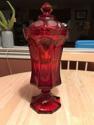 Fostoria Large Coin Glass Ruby Red 13 " Footed Urn With Lid Vintage 1970 