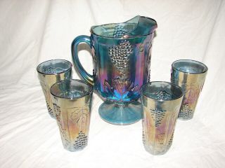 Vintage Jeannette Indiana Blue Grapes Carnival Glass Four Tumblers & Pitcher