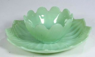 Jadeite Green Fire King Lotus Bowl,  8 " Dessert Plate Set 1950s Vintage Pristine