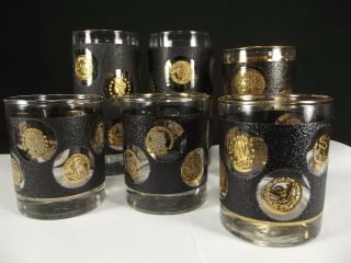 Black And Gold Coin Glasses 6 Pc Set Vintage Mid Century Libbey Tumblers Barware