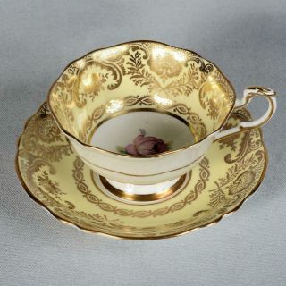 GORGEOUS PARAGON TEACUP & SAUCER - WHITE/YELLOW ORNATE GILDED DESIGNS ROSE CENTRE 5