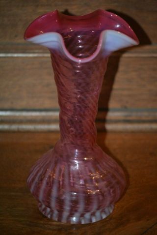 Fenton Glass Spiral Optic Cranberry Opalescent Vase 7 3/4 "