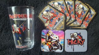 Iron Maiden Trooper Beer Pint Glass & Bar Matstt Isle Man Hicky Hickman Coasters