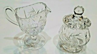Set Of 2 Cut Etched Clear Crystal Creamer & Sugar Bowl Pinwheel Design