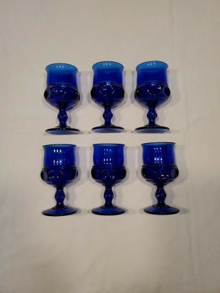 6 Indiana Glass Thumbprint Royal Blue Kings Crown Water Wine Goblet 5 1/2 "