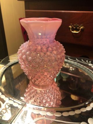 Vintage Fenton Hobnail Cranberry Opalescent Glass 8 Pt Crimp Cupped 5 3/4 " Vase