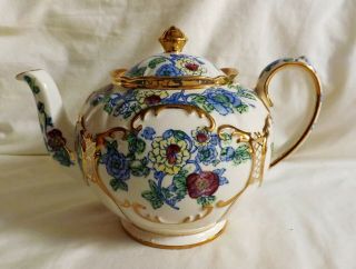 Vintage Sadler England Floral Teapot Gold Accents Artist Initialed Exce