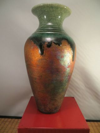 Round Tree Pottery Rtp Raku Studio Pottery Ceramic Vase Signed Scott Kunz 9 1/4 "