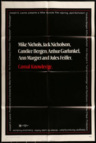 Carnal Knowledge Jack Nicholson Candice Bergen Orig 1971 One Sheet Movie Poster