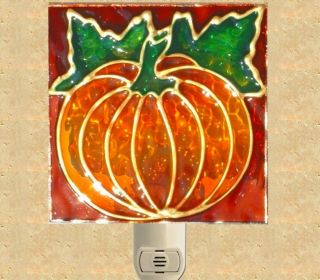 Pumpkin Nightlight Wall Plug In Stain Art Glass Autumn Fall Halloween Decor Gift