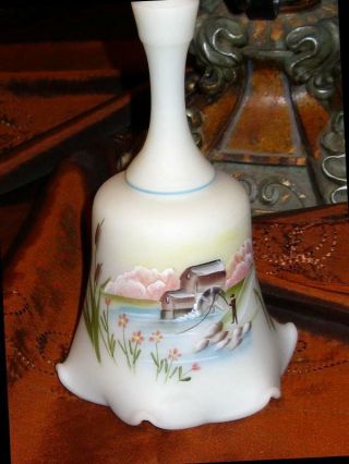 Fenton Glass Satin Ivory Star Crimped Bell Fisherman At Old Mill Scene Signed