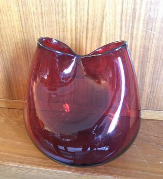 Vintage Blenko Glass Vase Ruby Red Pinched Mid Century Modern Hand Blown Art