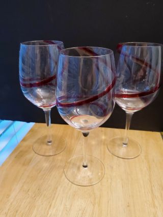 Set Of 3 Pier 1 Red Swirl Swirline Water Ice Tea Glasses Goblets 8 7/8 " 16 Oz