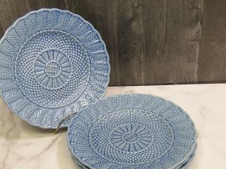 4 Vtg Bordallo Pinheiro Blue Basket Weave Leaves Lunch Plates Portugal 8.  25 "