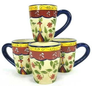 Pier 1 One Vallarta Hand Painted Earthenware 4.  5 " Coffee Cup Mugs Set Of 4