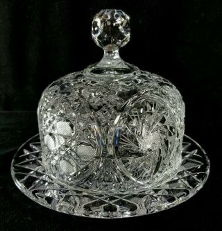 Vintage Crystal Molded And Cut Glass Round Covered Butter Dish 7x5 Inches Fine
