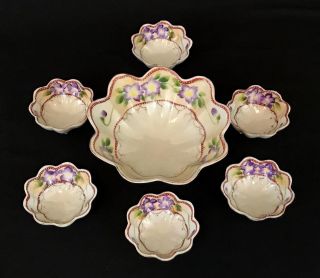 Antique Nippon Hand Painted Porcelain Footed Floral Nut Jelly Dish Serving Bowl