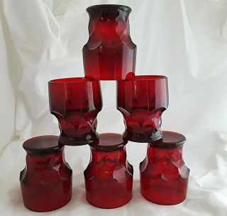 Set Of 6 Vintage Georgian Ruby Red Glass Tumblers Drinking Glasses 8 Oz.  Flat
