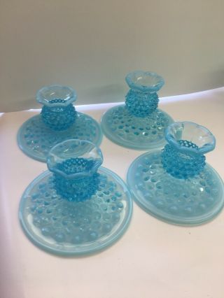 Vintage Set Of 4 (four) Fenton Glass Blue Opalescent Hobnail Candle Holders