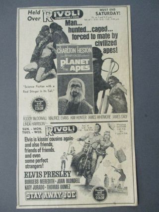 1968 Sci - Fi Planet Of The Apes Heston Elvis Presley Stay Away Joe Movie Film Ad
