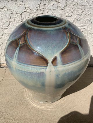 Bill Campbell Pottery Vase Ceramic Melon Body Drip Glaze 11 To 10” Mid Century