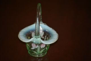Fenton Mini Basket Willow Green Glass With Hp Tulips Signed 4 1/2 " Tall