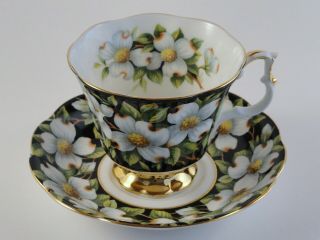 Royal Albert Dogwood Provincial Flowers Black Floral Tea Cup & Saucer England