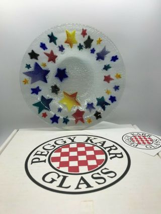 Vintage Retired Peggy Karr 9 " Round Fused Glass Stars Bowl Signed Box
