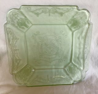 Vintage Lorain Green Depression Glass 9” Square Plate Indiana Etched Baskets