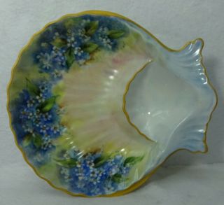 Hand Painted China Forget - Me - Not Shell Shaped Chip - N - Dip - Signed Lewis - 9 - 1/4 "